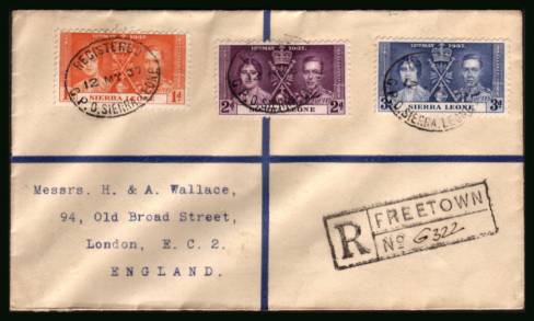 Coronation set of three<br/>on a plain printed address REGISTERED First Day Cover
