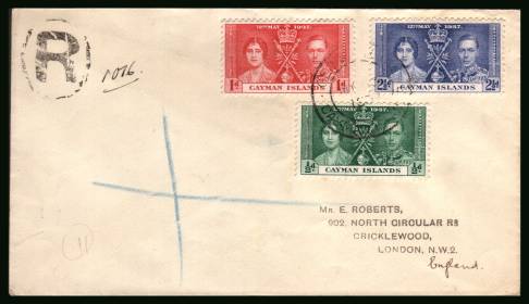 Coronation set of three<br/>on a plain hand stamp addressed REGISTERED First Day Cover