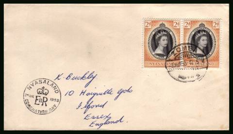 Coronation single as a pair on a hand addressed envelope with special handstamp.
