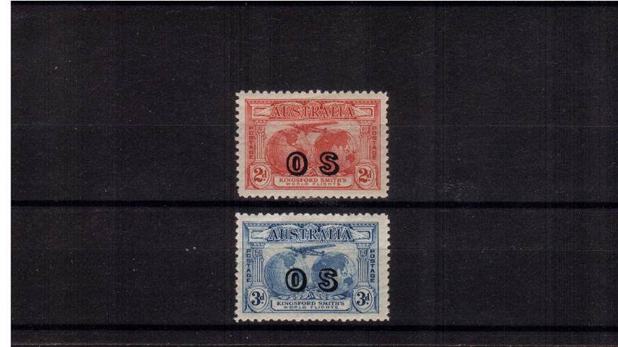 The Kingsford Smith Flight pair overprinted ''O S'' lightly mounted mint.<br/>
A lovely bright and fresh pair. SG Cat 360




<br><b>QAQ</b>