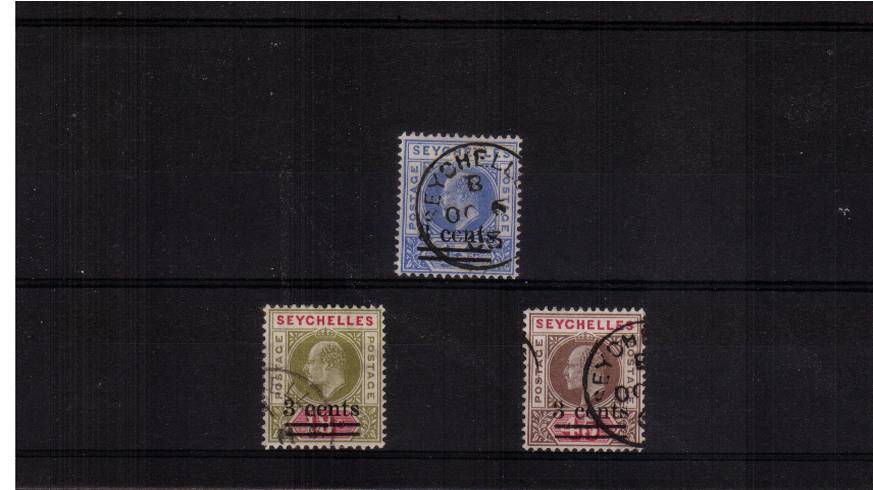 The Edward 7th surcharged set of three superb fine used each stamp cancelled with a steel CDS. A very pretty bright and fresh set!
<br/><b>QCQ</b>