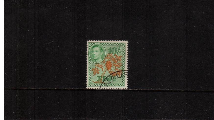 10/- Orange and Emerald<br/>
A stunning superb fine used single. A gem!