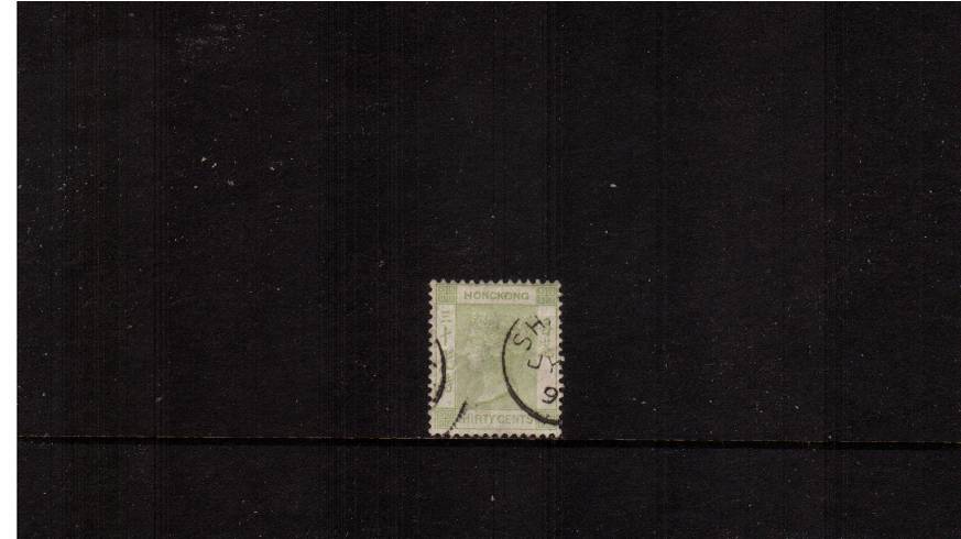 30c Yellowish-Green - Watermark Crown CA<br/>
A very sine used stamp cancelled with parts of two CDSs leaving profile clear. SG Cat � 
<br/><b>HK22</b>