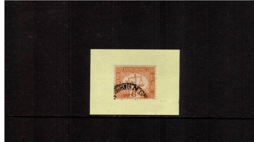 POSTAGE DUE - 6c Yellow - Watermark Multiple Script CA SIDEWAYS<br/>
A superb fine used single scanned on yellow backing paper. Perfs are complete.<br/><b>HK22</b>