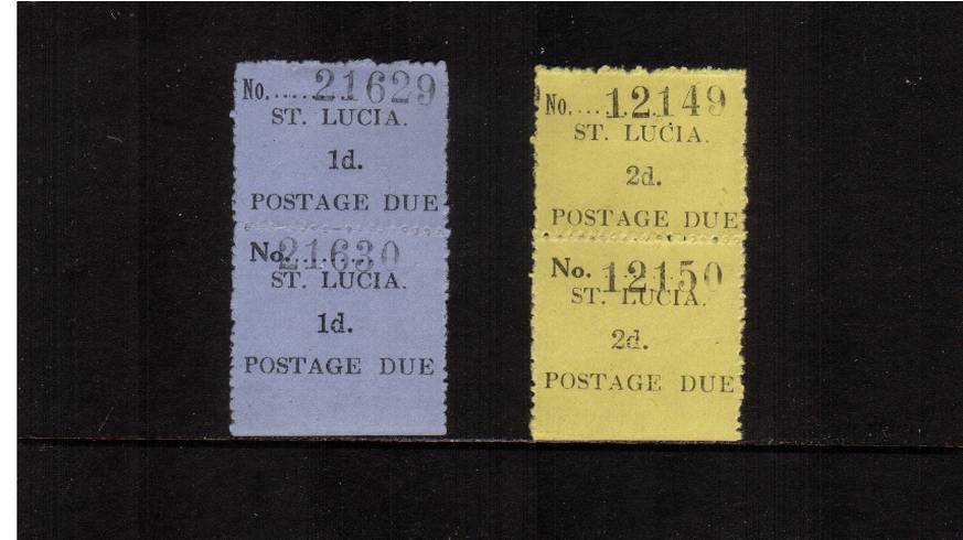 The POSTAGE DUE set of two in lower marginal vertical pairs each pair showing the normal and wide fount of ''No.'' variety. Issued with no gum with trace of hinge mark that could be washed.<br/>
SG Cat 107.00 


<br/><b>QEQ</b>