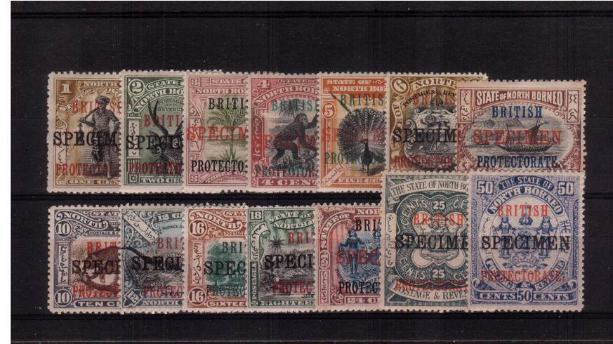 The ''BRITISH PROTECTORATE'' overprint set of fourteen also overprinted ''SPECIMEN'' all lightly mounted mint.
<br/><b>QFQ</b>