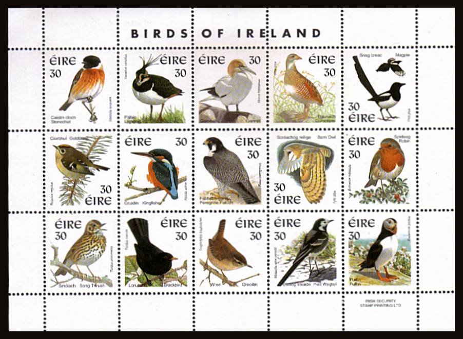 The ''BIRDS OF IRELAND'' sheetlet of fifteen superb unmounted mint.