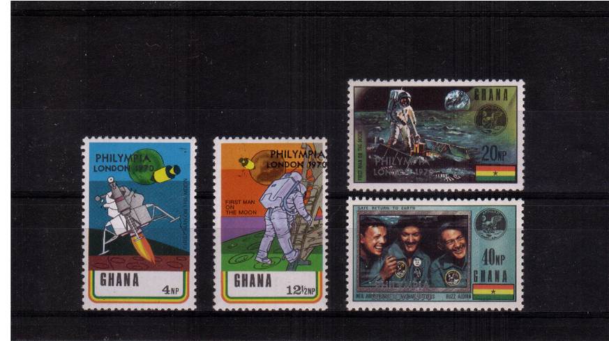 Moon Landing set of four superb unmounted mint.<br/> With ''PHILYMPIA LONDON 1970'' overprint.<br/>Only 900 sets were for sale in Ghana. See footnote in GIBBONS.