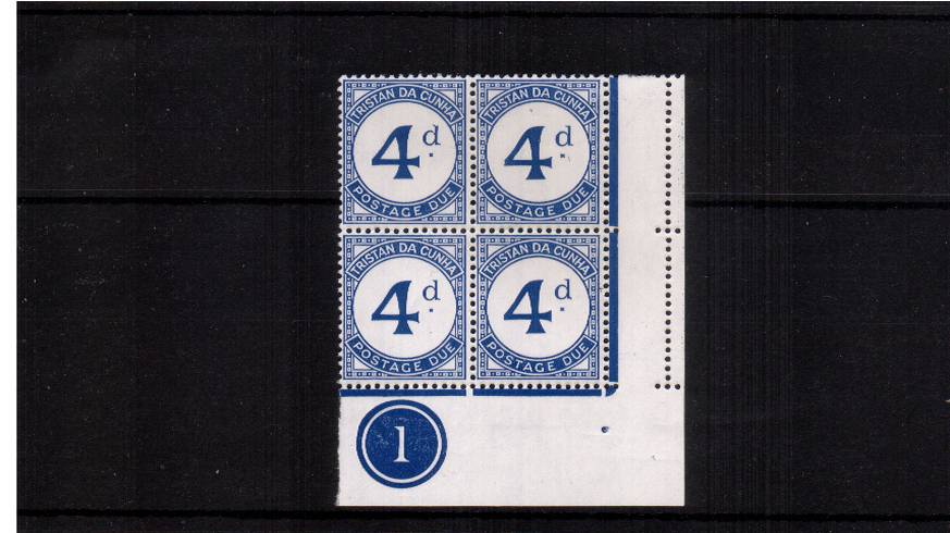 4d Ultramarine POSTAGE DUE<br/> in a superb unmounted mint SE corner PLATE block of four.