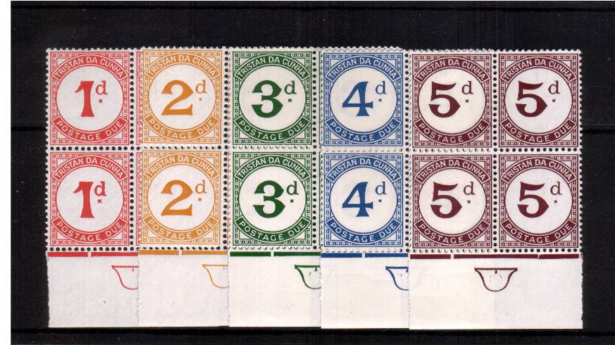 Complete POSTAGE DUE set of five in matching superb unmounted mint  lower marginal positional blocks of four. Pretty!