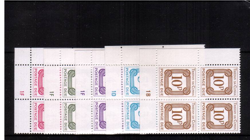 The POSTAGE DUE set of five in superb unmounted mint CYLINDER SW corner blocks of four