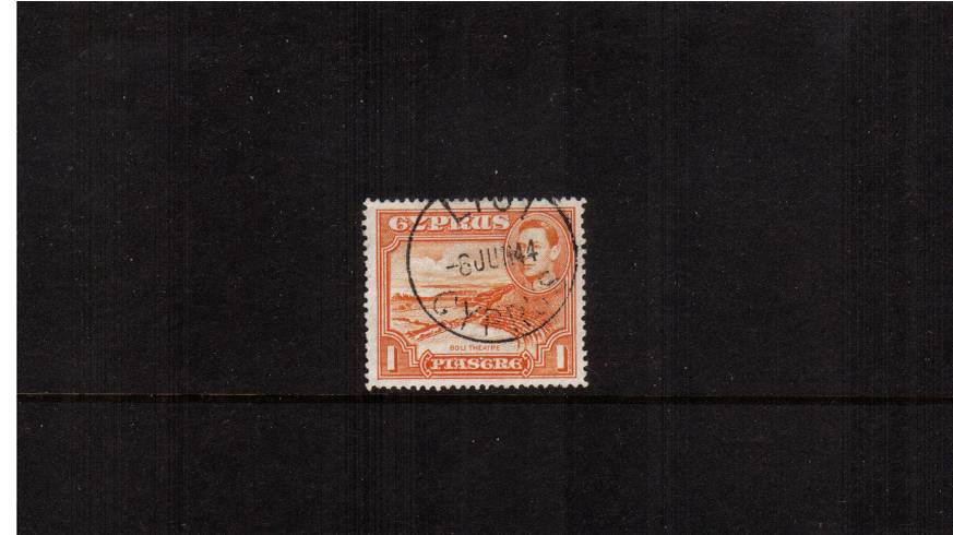 1pi Orange - Perforation 13x12<br/>
A stunning ''socked on the nose'' superb fine used single cancelled with the LYSI steel circular date stamp dated 8 JUN 44. This stamp mint is catalogued at 550 !!   A stunning used stamp.
<br><b>QRQ</b>