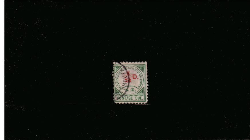 d Carmine and Green - 17 Dots over ''N-Z''<br/>
A superb fine used stamp cancelled with a light CDS but with a tiny tear. SG Cat 45

<br/><b>QSQ</b>