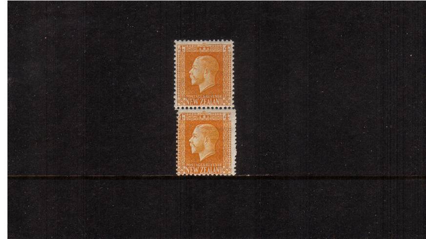 4d Yellow - George 5th Head - ''TWO PERF'' vertical pairs<br/>
A superb unmounted mint pair showing a sideways perforating comb jump.
<br/><b>QSQ</b>