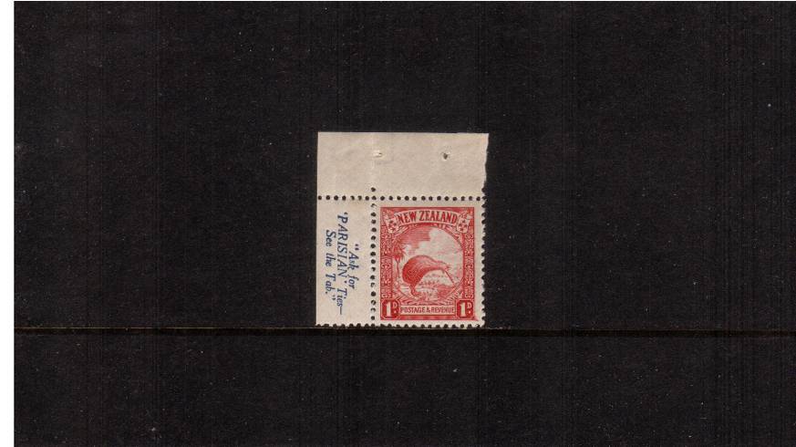 1d Brown Kiwi - Die II - Perf 14x13<br/>
A superb unmounted mint single ex booklet with advert in margin.


<br/><b>QSQ</b>