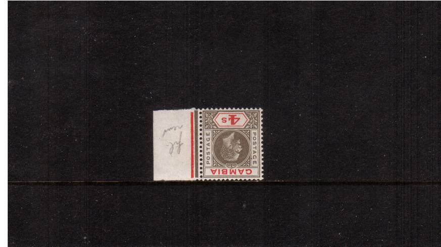 4/- Black and Red<br/>
A superb unmounted mint marginal stamp clearly showing WATERMARK INVERTED. A gem!
<br/><b>QTQ</b>