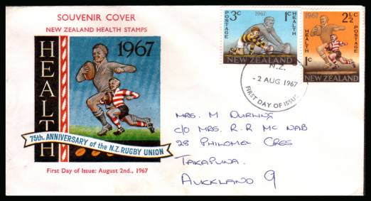 Health stamps - Rugby Football set of two on colour <br/>illustrated first day cover dated 2 AUG 1967.