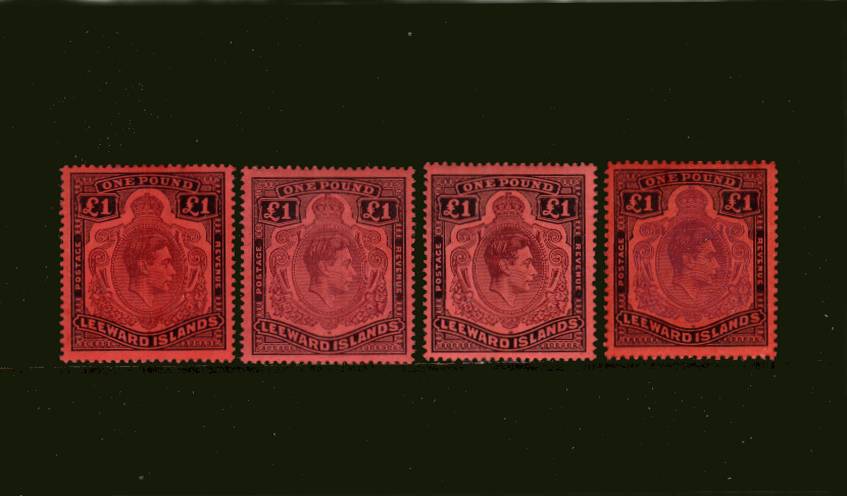 1 Brown-Purple and Black on Red<br/>
The 1 stamp plus the three additional SG listed variants all very, very lightly mounted mint each with a mere trace of a hinge mark. A rare group. SG 114, 114a, 114b and 114c. SG Cat 545 
<br/><b>QUQ</b>