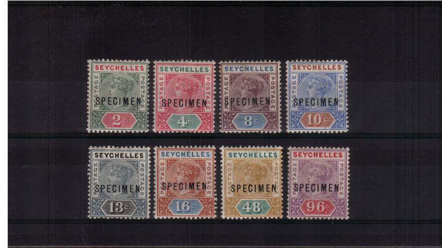 The first definitive set of eight overprinted ''SPECIMEN''<br/>A lovely bright and fresh very lightly mounted mint set. SG Cat �5
<br/><b>QUQ</b>