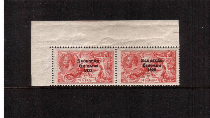 5/- Rose-Carmine ''Seahorse''<br/>
A lovely NW sheet corner pair superb unmounted mint. Lovely colour!
<br/><b>QUQ-X</b>