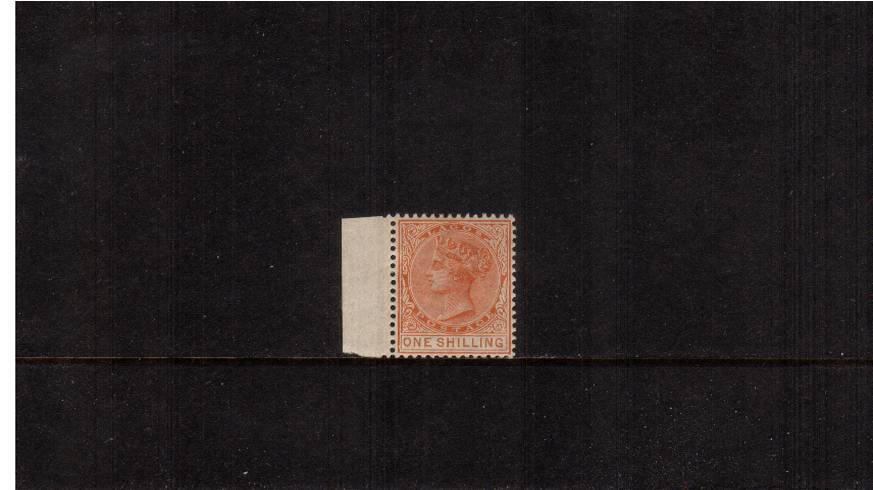 1/- Orange<br/>
A stunning superb unmounted mint left marginal single.