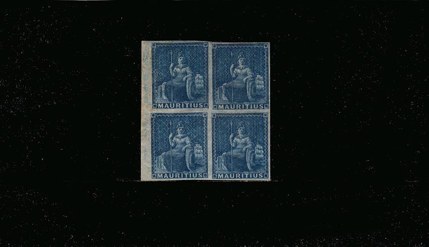 The ''No Value'' Blue - Prepared for use but not issued.<br/>
A fine four margined imperforate left side marginal block of four mounted on the top two stamps and unmounted on the lower pair
<br/><b>QVQ</b>