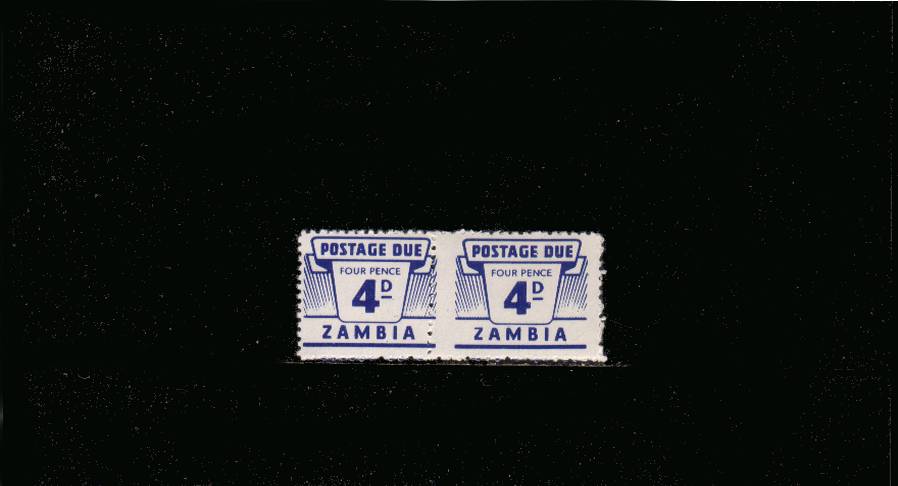 The 4d Ultramarine POSTAGE DUE<br/>
in a superb unmounted mint horizintal pair showing a large perforation shift to left<br/> resulting in a narrow stamp and a wide stamp. Unusual.