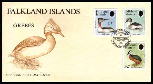 Grebes - Birds<br/>on an unaddressed PORT STANLEY cancel official full colour First Day Cover