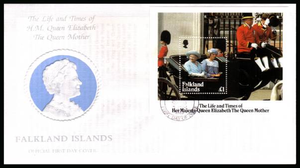 Life and Times of Queen Elizabeth minisheet
<br/>on an PORT STANLEY  cancel unaddressed official full colour First Day Cover