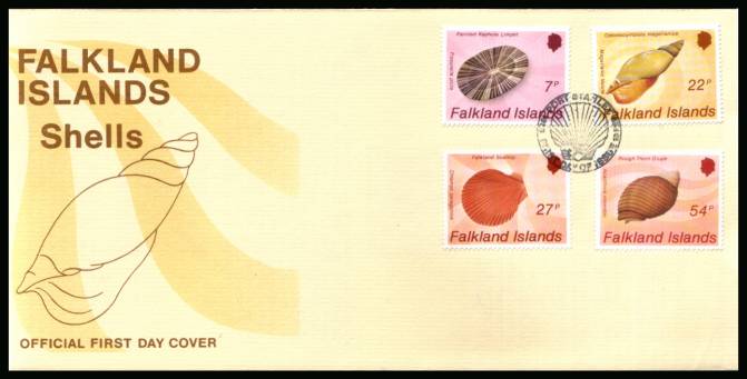 Seashells set of four
<br/>on a PORT STANLEY cancel unaddressed official full colour First Day Cover
