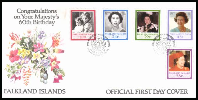 60th Birthday of Queen Elizabeth II set of five<br/>on a PORT STANLEY cancel unaddressed official full colour First Day Cover
