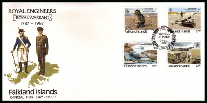 Royal Engineers set of four<br/>on a PORT STANLEY cancelled unaddressed official full colour First Day Cover
