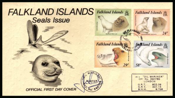 Seals set of four with ships cachet and autograph<br/>on a MT PLEASANT cancelled unaddressed official full colour First Day Cover
