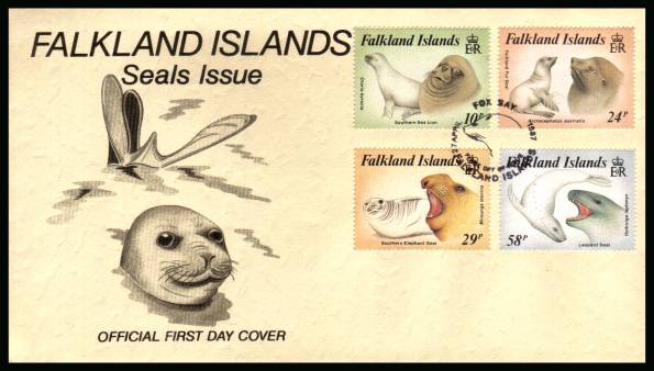 Seals set of four<br/>on a FOX BAY cancelled unaddressed official full colour First Day Cover
