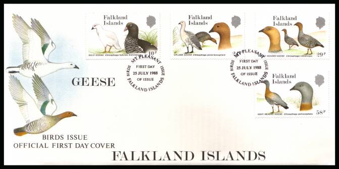 Falkland Island Geese set of four<br/>on a MT PLEASANT cancelled unaddressed official full colour First Day Cover
