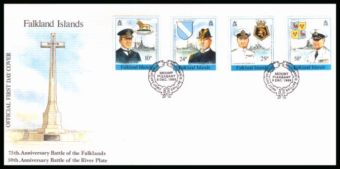 Battle of Falklands / River Plate set of four<br/>on a MOUNT PLEASANT cancelled unaddressed official full colour First Day Cover
