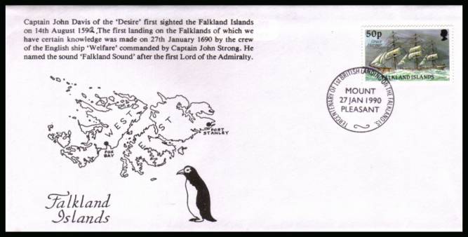 Tercentenary of 1st British Landing of Falklands>br/>
commemorative cover for MOUNT PLEASANT dated 27 JAN 1990 bearing 50p definitive single.