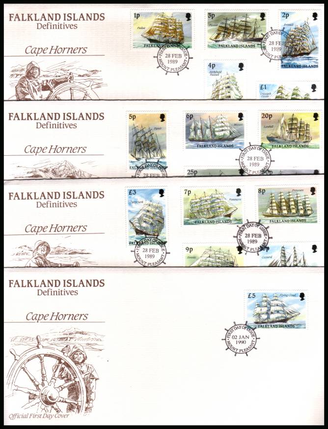 Cape Horn Sailing Ships definitive set of sixteen<br/>on four First Day Covers
cancelled MOUNT PLEASANT on official colour covers.