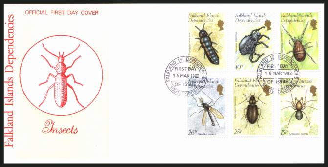 Insects
set of six<br/>on a SOUTH GEORGIA  cancelled unaddressed official full colour First Day Cover
