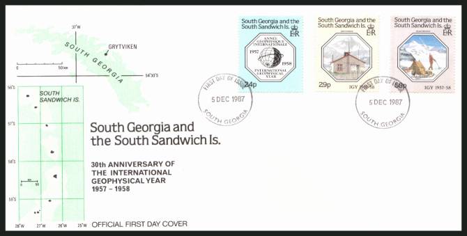 International Geophysical Year set of three<br/>on a SOUTH GEORGIA  cancelled unaddressed official full colour First Day Cover
