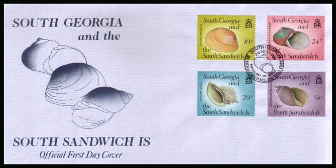 Sea Sheels set of four<br/>on a SOUTH GEORGIA  cancelled unaddressed official full colour First Day Cover
