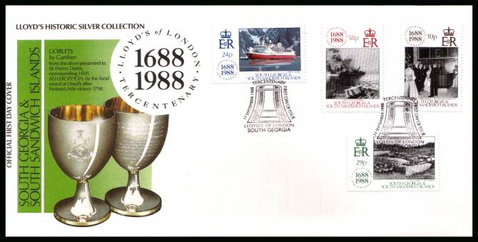 Lloyd's of London set of four<br/>on a SOUTH GEORGIA  cancelled unaddressed official full colour First Day Cover
