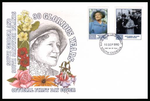 90th Birthday of Queen Mother set of two<br/>on a SOUTH GEORGIA  cancelled unaddressed official full colour First Day Cover
