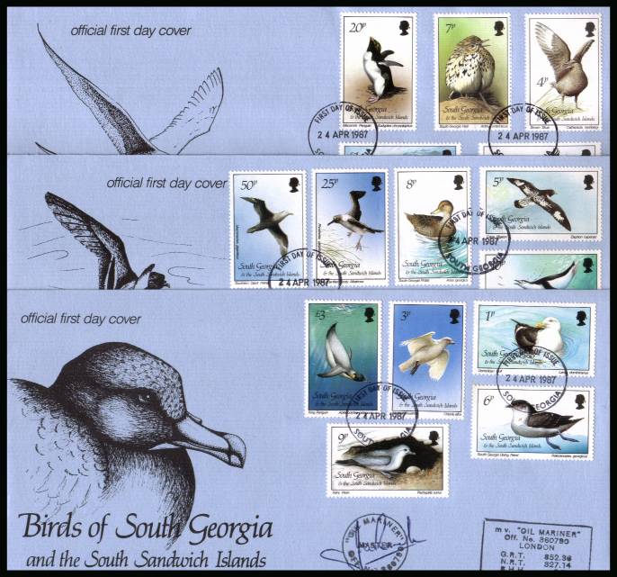 The Birds definitive set of fiufteen on three FDCs also serviced on a ship!<br/>on a SOUTH GEORGIA  cancelled unaddressed official full colour First Day Cover
