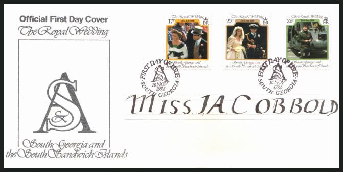 Royal Wedding set of three on an FDC with a large oval handstamp on back for MAGISTRATE'S OFFICE - SOUTH GEORGIA
