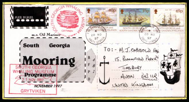 Postcard bearing three stamps from the Larsen's First Voyage set cancelld KING EDWARD POINT dated 20 NO 97