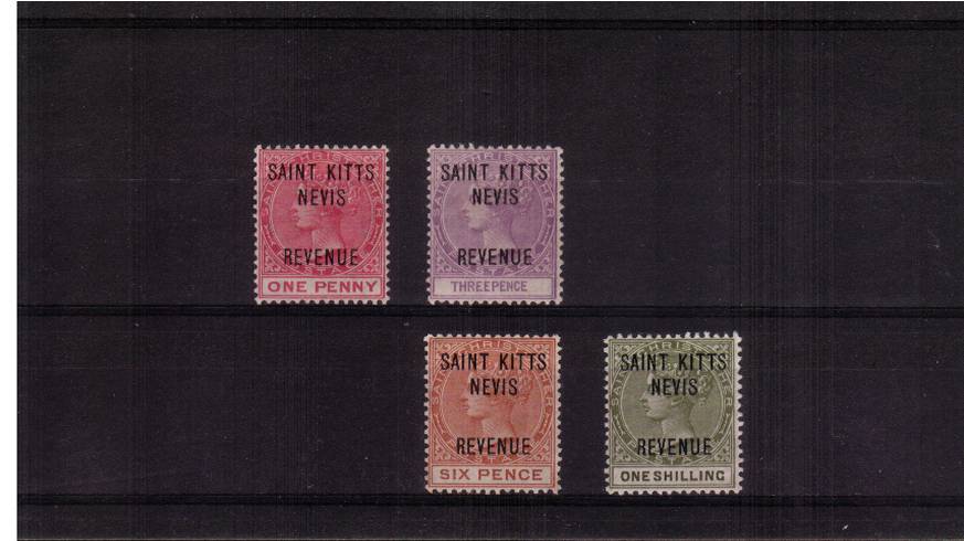 The SAINT KITTS NEVIS REVENUE overprint (revenue stamps used for postage) complete set of four lightly mounted mint. A superb bright and fresh set. 
<br/><b>UEUa</b>