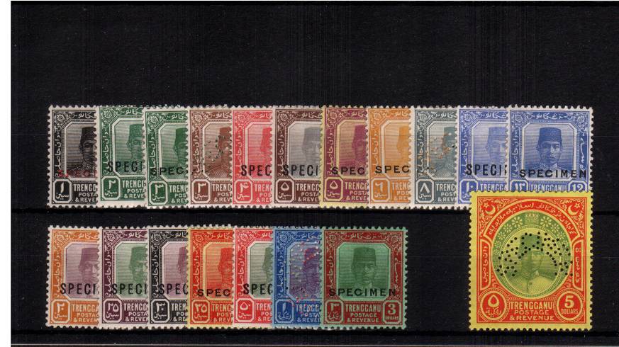 The complete SPECIMEN set of nineteen overprinted SPECIMEN or perfined SPECIMEN. A very bright and fresh set. SG Cat 1000. Rare.
<br/><b>UEUa</b>