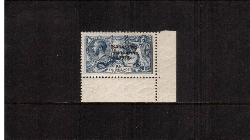 10/- Dull Grey-Blue ''Seahorse''<br/>
Narrow Date Overprint<br/> 
A stunning superb unmounted mint SE corner marginal stamp with totally perfect centering. A very rare stamp so fine.


<br/><b>UEUa</b>