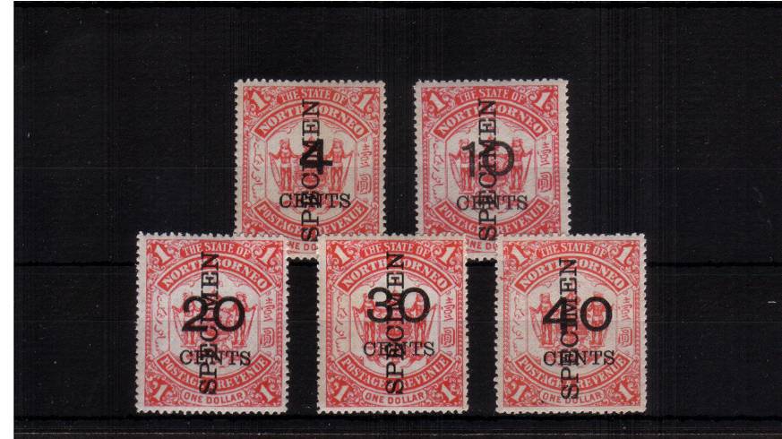 The surcharged complete set of five overprinted ''SPECIMEN'' superb unmounted mint. A difficult set to find especially unmounted!
<br/><b>UEUa</b>